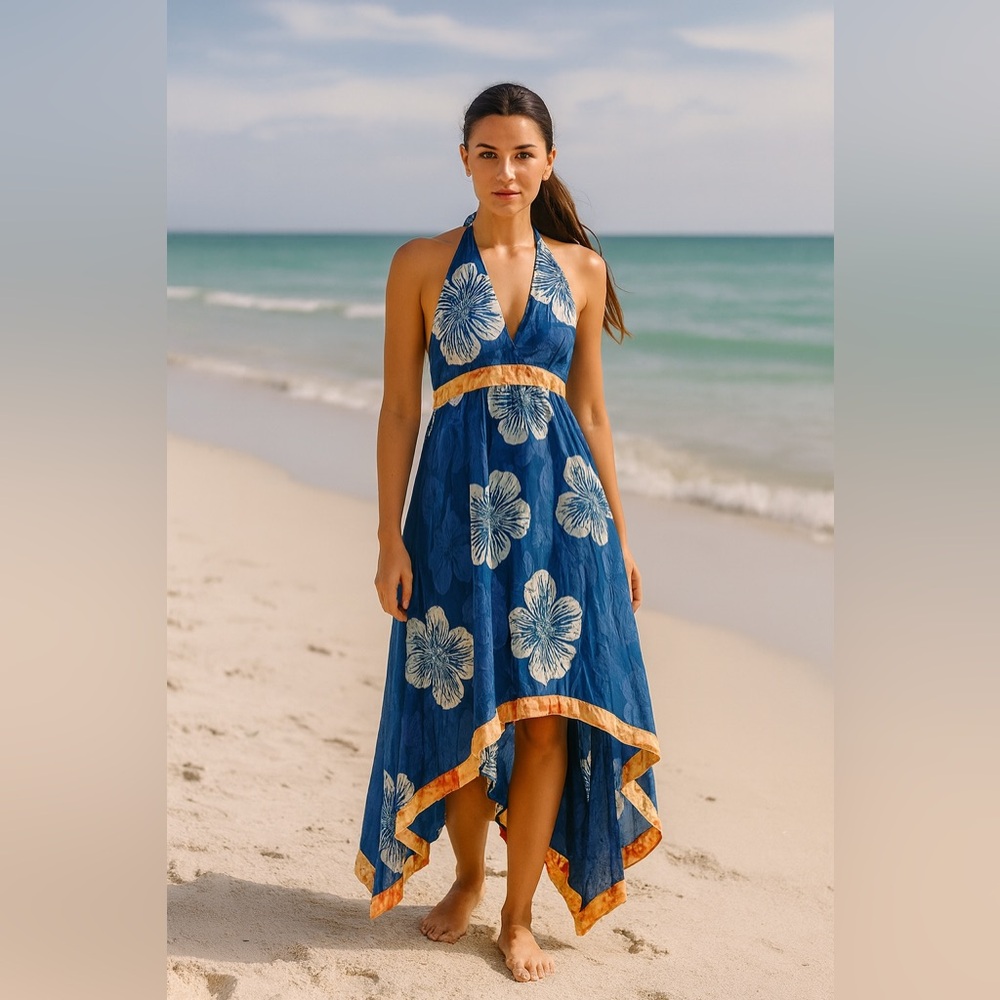 New Santiki floral handkerchief dress resort smocked back beach boho sz small